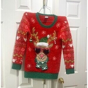 Holiday Time Unisex  M 7-8 Reindeer Snowflake Sequin Knit Pullover Sweater